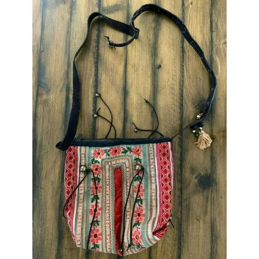 BOHO PURSE Multicolored Florall Has Bells Hippie Red Tassel